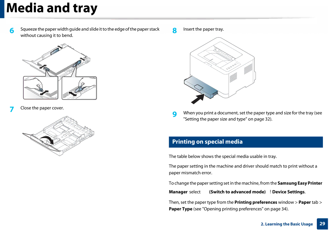 Samsung SLC410WXAA, SLC410WXAC manual Printing on special media, Setting the paper size and type on 