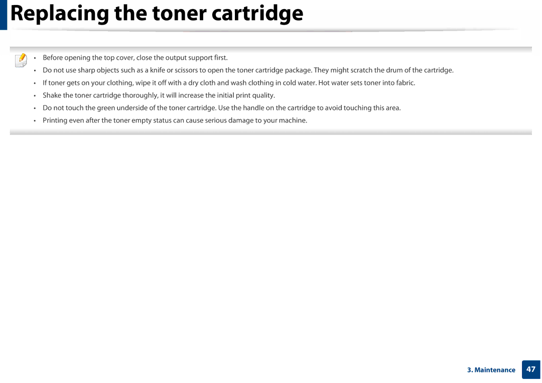 Samsung SLC410WXAA, SLC410WXAC manual Replacing the toner cartridge 