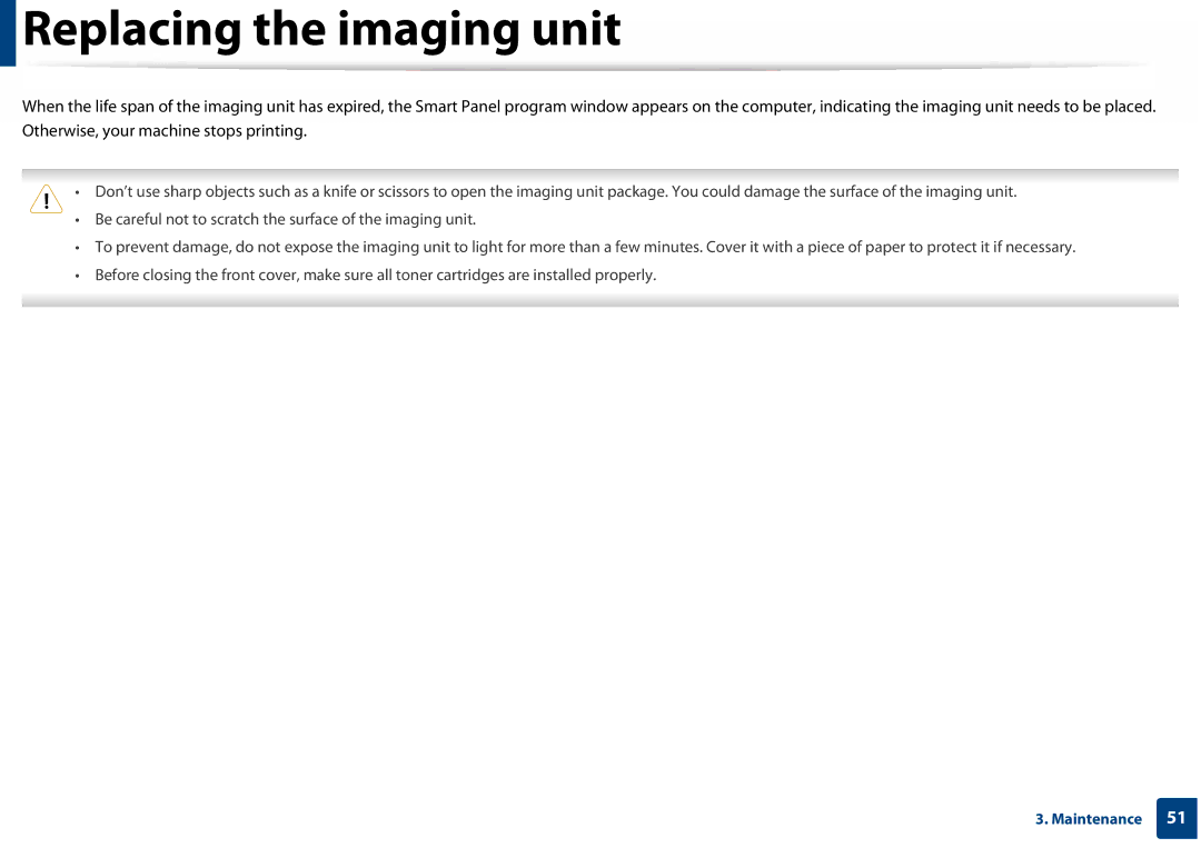 Samsung SLC410WXAA, SLC410WXAC manual Replacing the imaging unit 