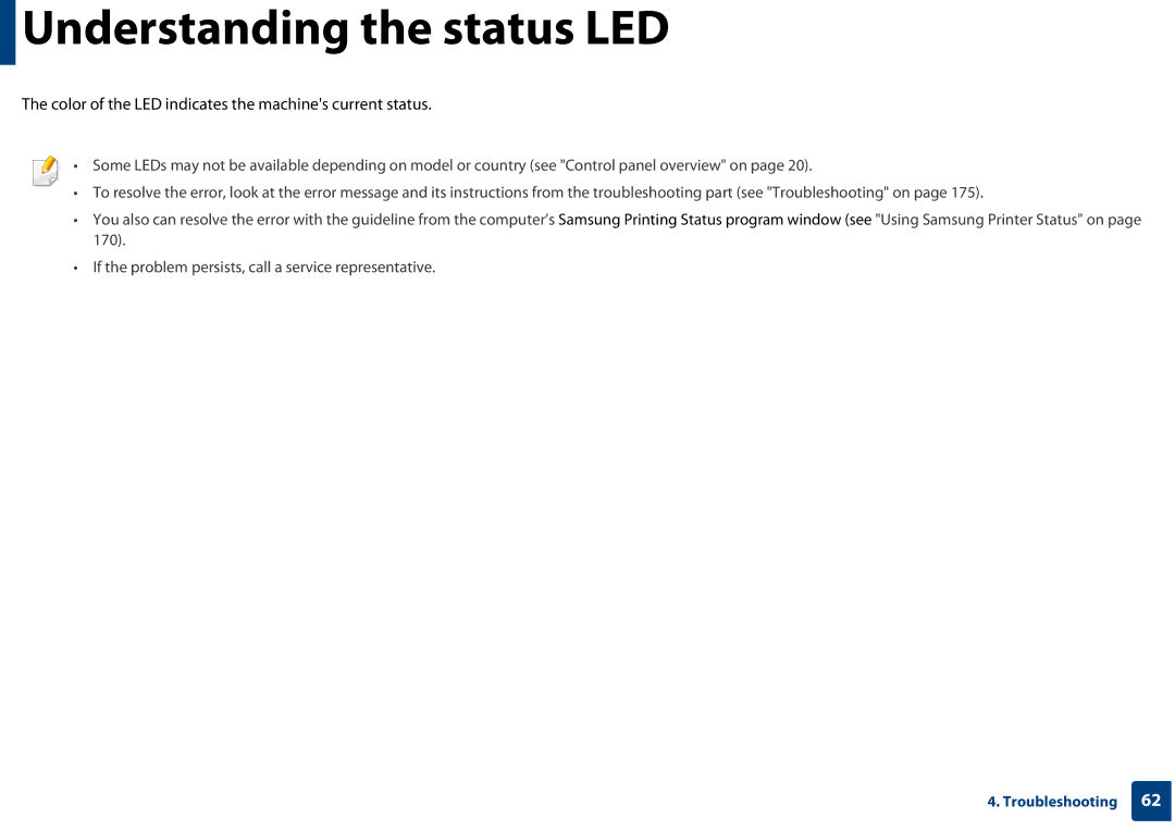 Samsung SLC410WXAC, SLC410WXAA manual Understanding the status LED, Color of the LED indicates the machines current status 