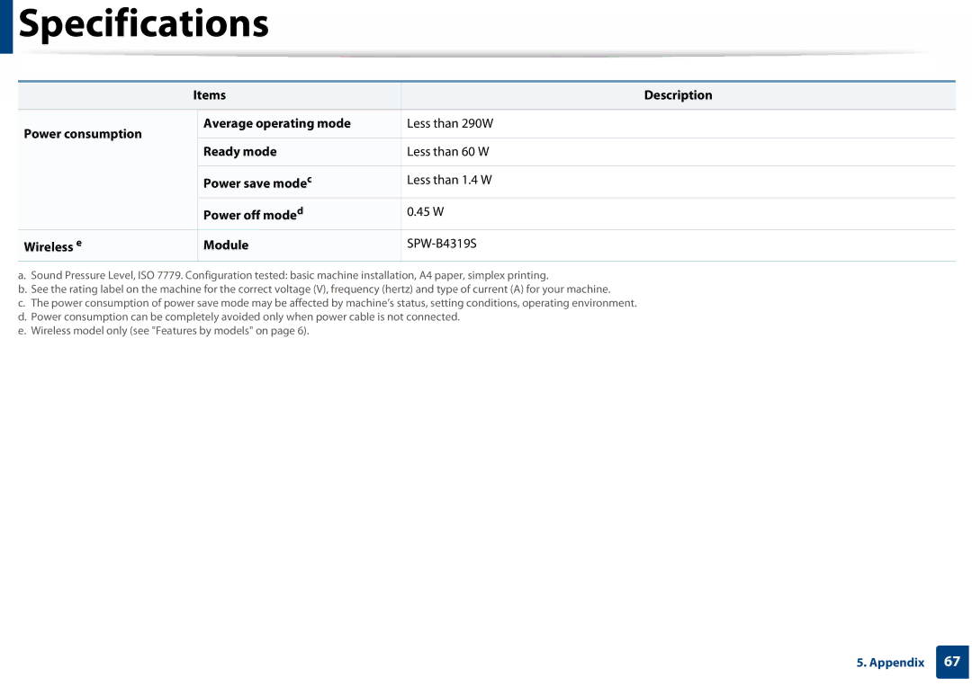 Samsung SLC410WXAA, SLC410WXAC manual Specifications 