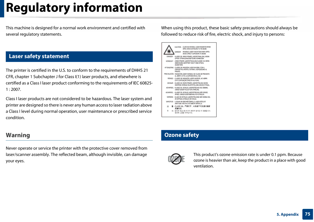 Samsung SLC410WXAA, SLC410WXAC manual Regulatory information, Laser safety statement, Ozone safety 