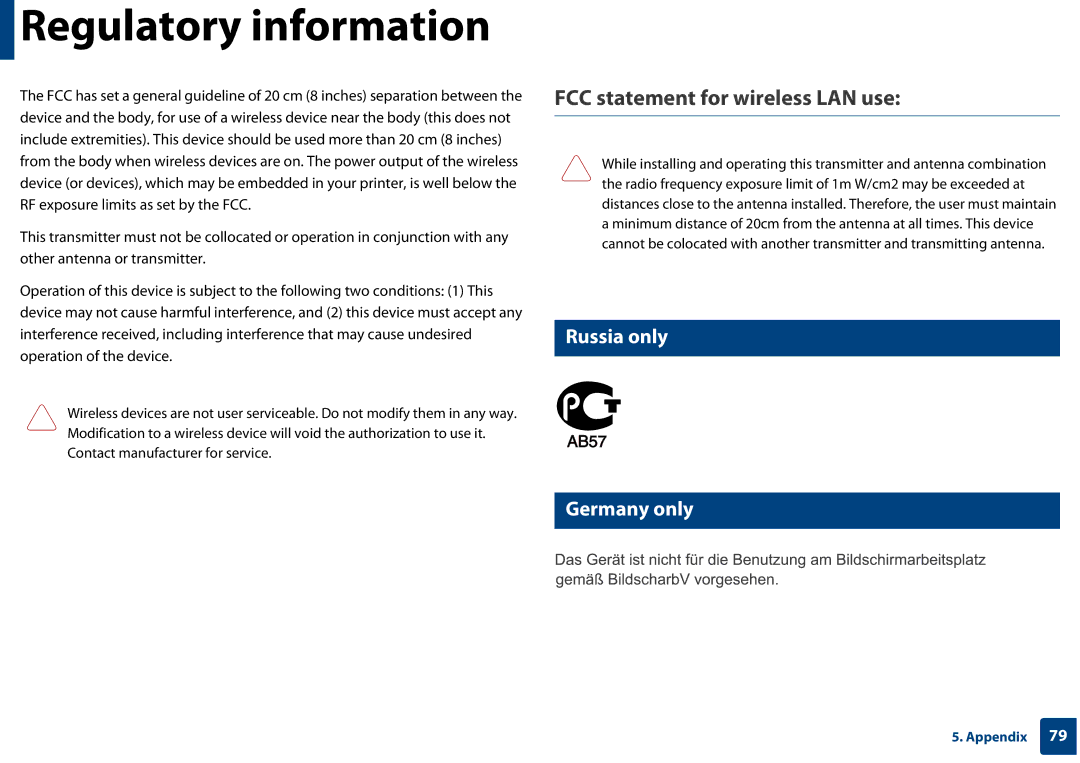 Samsung SLC410WXAA, SLC410WXAC manual FCC statement for wireless LAN use, Russia only Germany only 