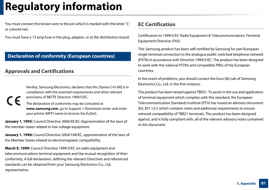 Samsung SLC410WXAA manual Approvals and Certifications, EC Certification, Declaration of conformity European countries 