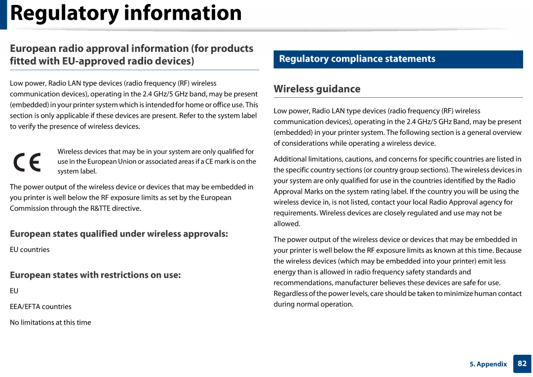 Samsung SLC410WXAC, SLC410WXAA manual Wireless guidance, Regulatory compliance statements, EU countries 