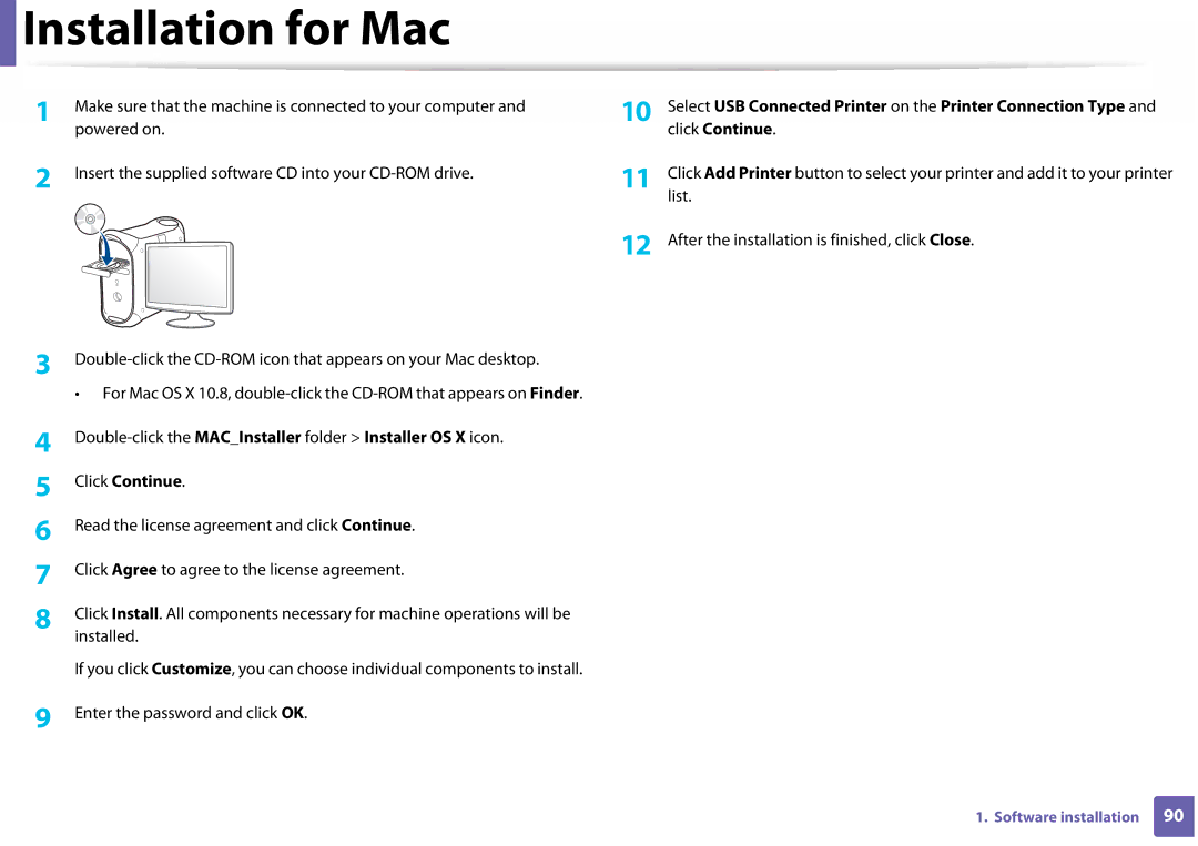 Samsung SLC410WXAC, SLC410WXAA Installation for Mac, Click Continue, List, After the installation is finished, click Close 