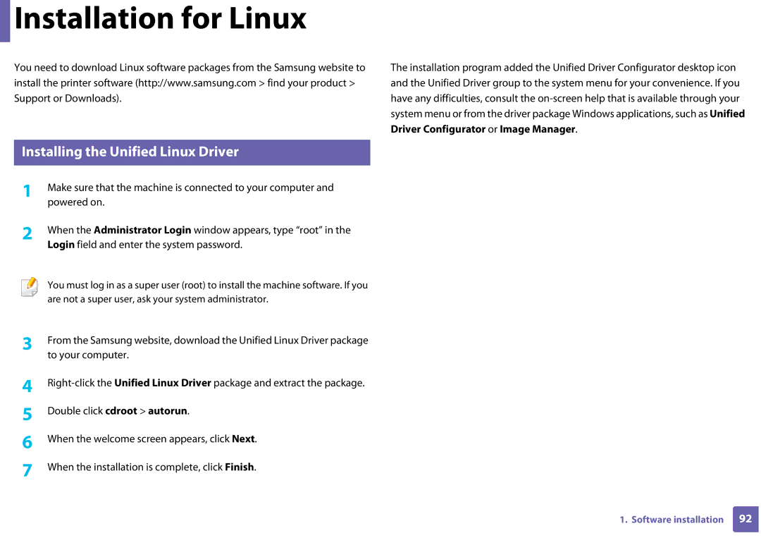 Samsung SLC410WXAC, SLC410WXAA manual Installation for Linux, Installing the Unified Linux Driver 