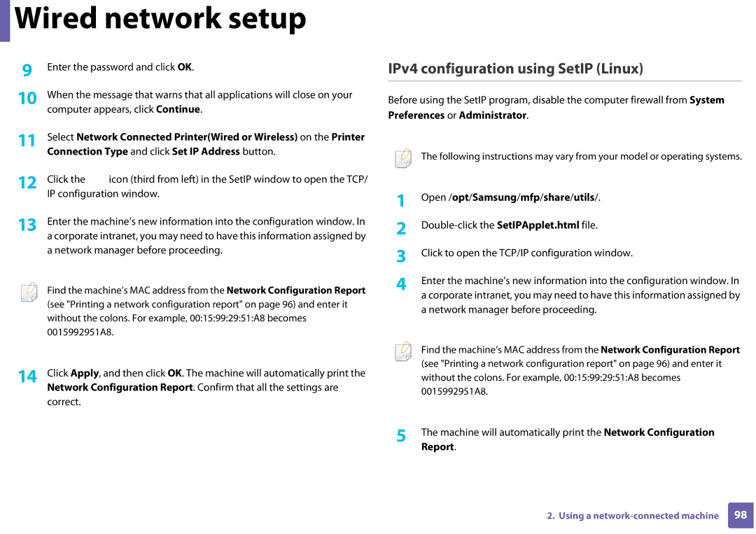 Samsung SLC410WXAC, SLC410WXAA manual IPv4 configuration using SetIP Linux, Preferences or Administrator 