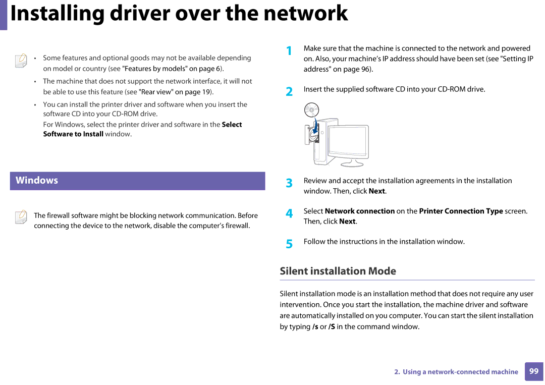 Samsung SLC410WXAA, SLC410WXAC manual Installing driver over the network, Silent installation Mode 