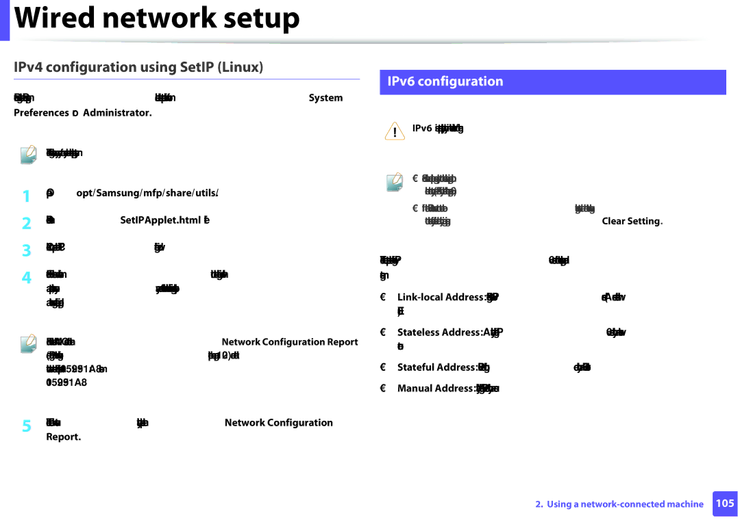 Samsung SLM2825DWXAA manual IPv4 configuration using SetIP Linux, IPv6 configuration, Preferences or Administrator 