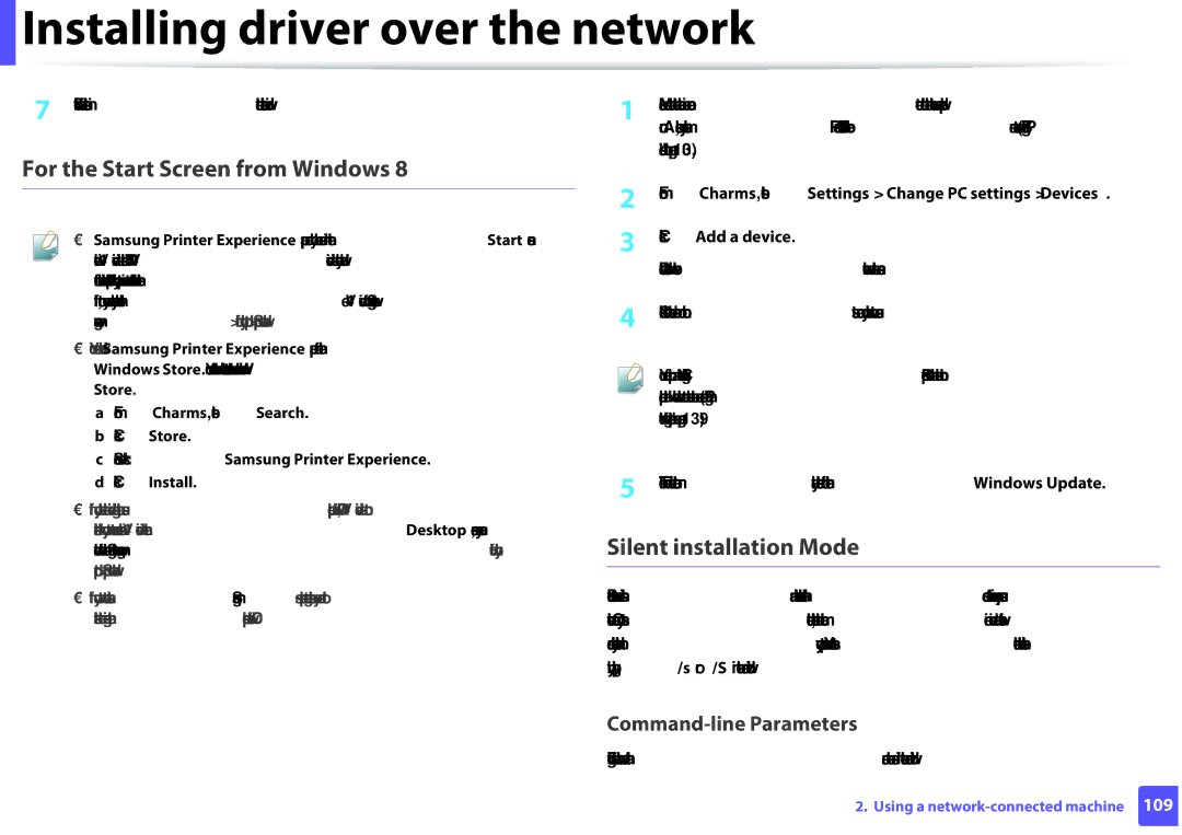 Samsung SLM2825DWXAA manual For the Start Screen from Windows, Silent installation Mode, Address on 