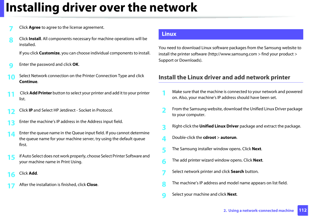 Samsung SLM2825DWXAA manual Install the Linux driver and add network printer, Continue 