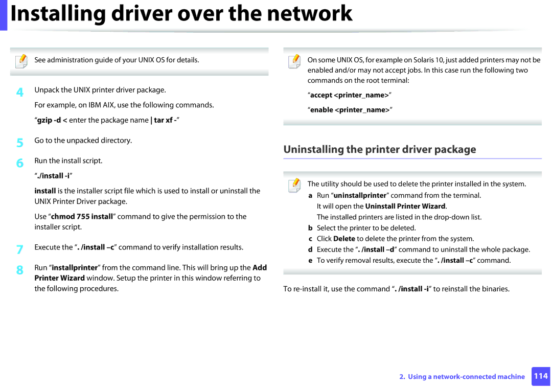 Samsung SLM2825DWXAA Uninstalling the printer driver package, Unpack the Unix printer driver package, Installer script 