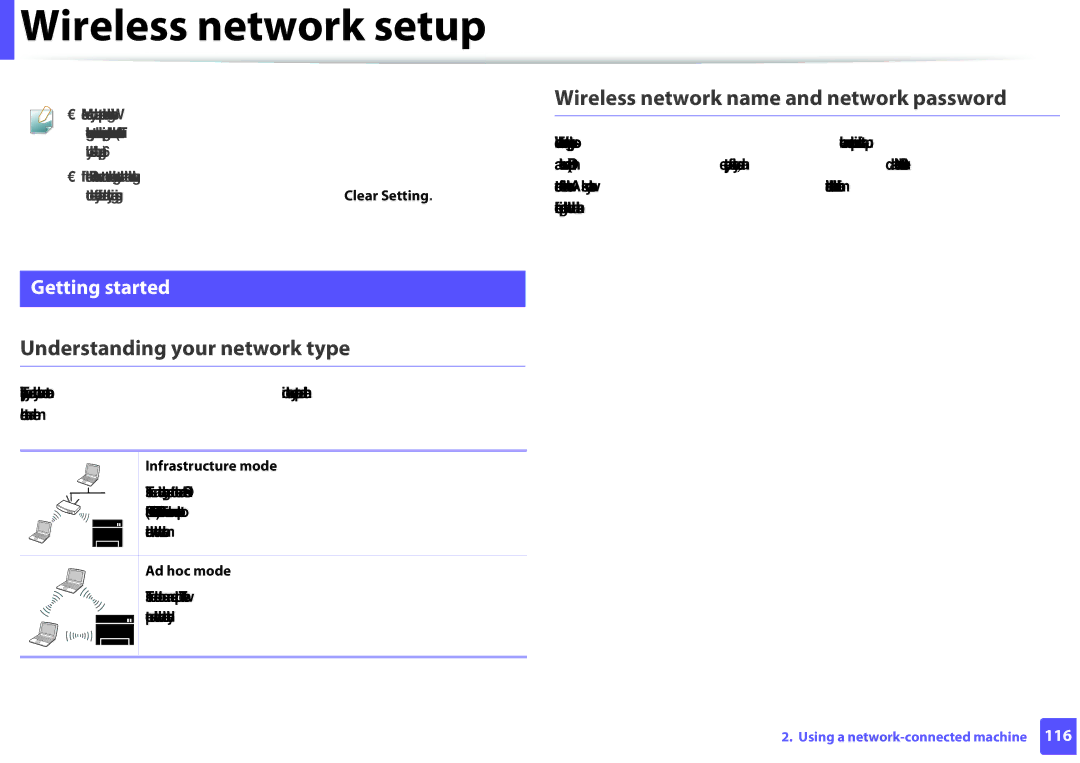 Samsung SLM2825DWXAA Wireless network setup, Wireless network name and network password, Understanding your network type 