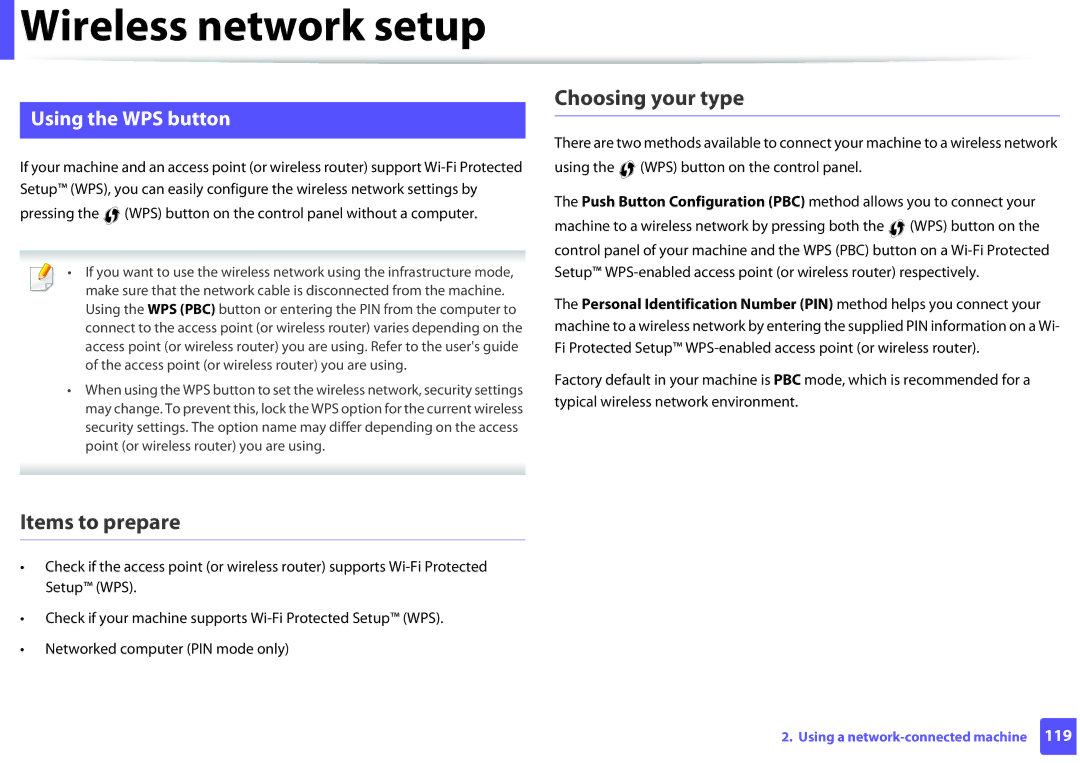 Samsung SLM2825DWXAA manual Choosing your type, Items to prepare, Using the WPS button 