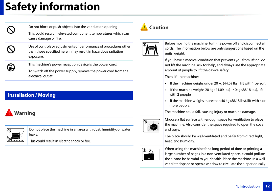 Samsung SLM2825DWXAA manual Installation / Moving 