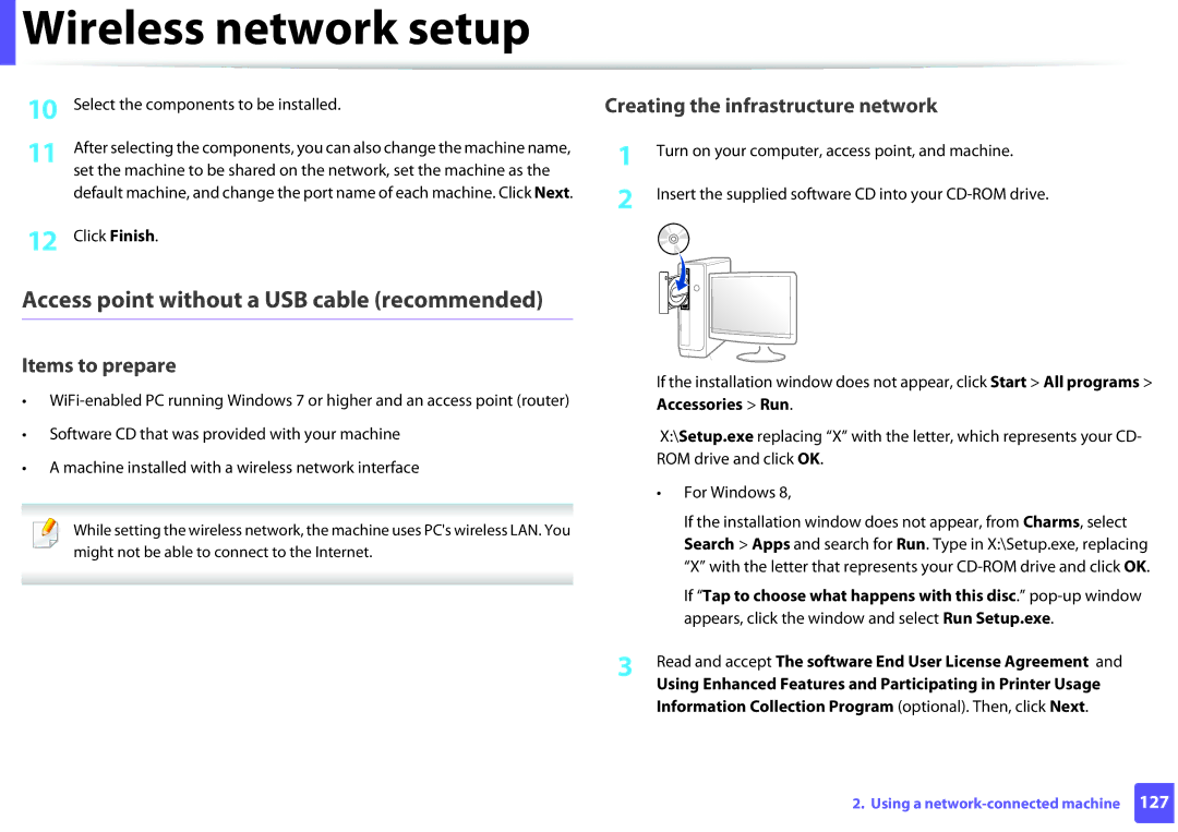 Samsung SLM2825DWXAA manual Access point without a USB cable recommended, Select the components to be installed 