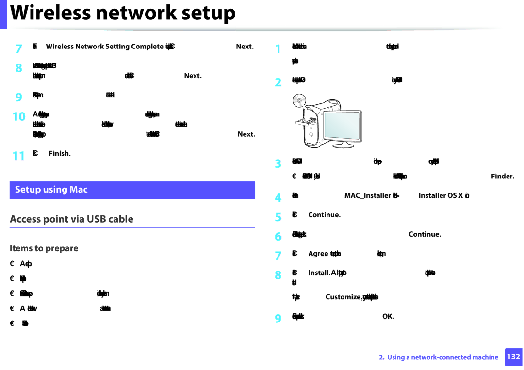 Samsung SLM2825DWXAA manual Setup using Mac, Wireless Network Setting Complete window appears. Click Next 