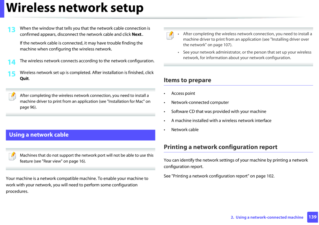 Samsung SLM2825DWXAA manual Printing a network configuration report, Using a network cable, Quit 