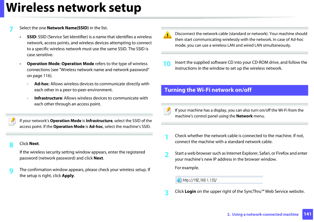 Samsung SLM2825DWXAA manual Turning the Wi-Fi network on/off 