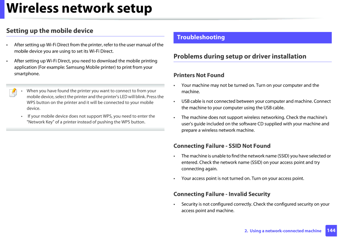 Samsung SLM2825DWXAA manual Setting up the mobile device, Problems during setup or driver installation, Troubleshooting 