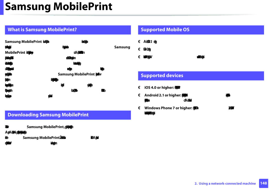 Samsung SLM2825DWXAA manual Samsung MobilePrint, Supported Mobile OS, Supported devices 