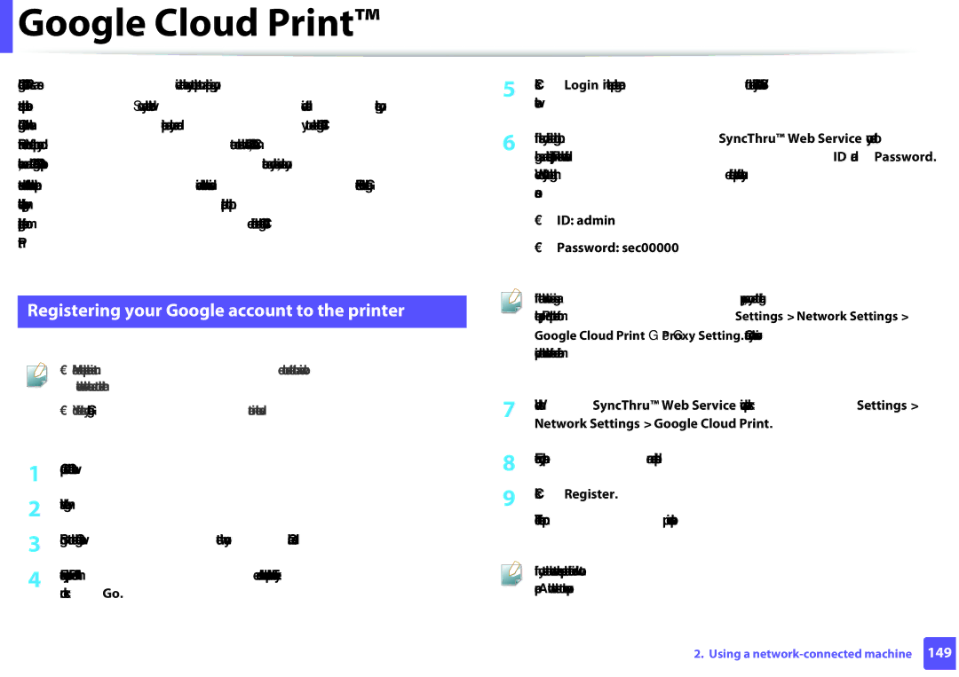 Samsung SLM2825DWXAA manual Google Cloud Print, Registering your Google account to the printer, Click Register 