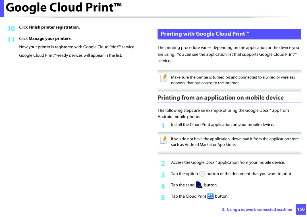 Samsung SLM2825DWXAA manual Printing from an application on mobile device, Printing with Google Cloud Print 