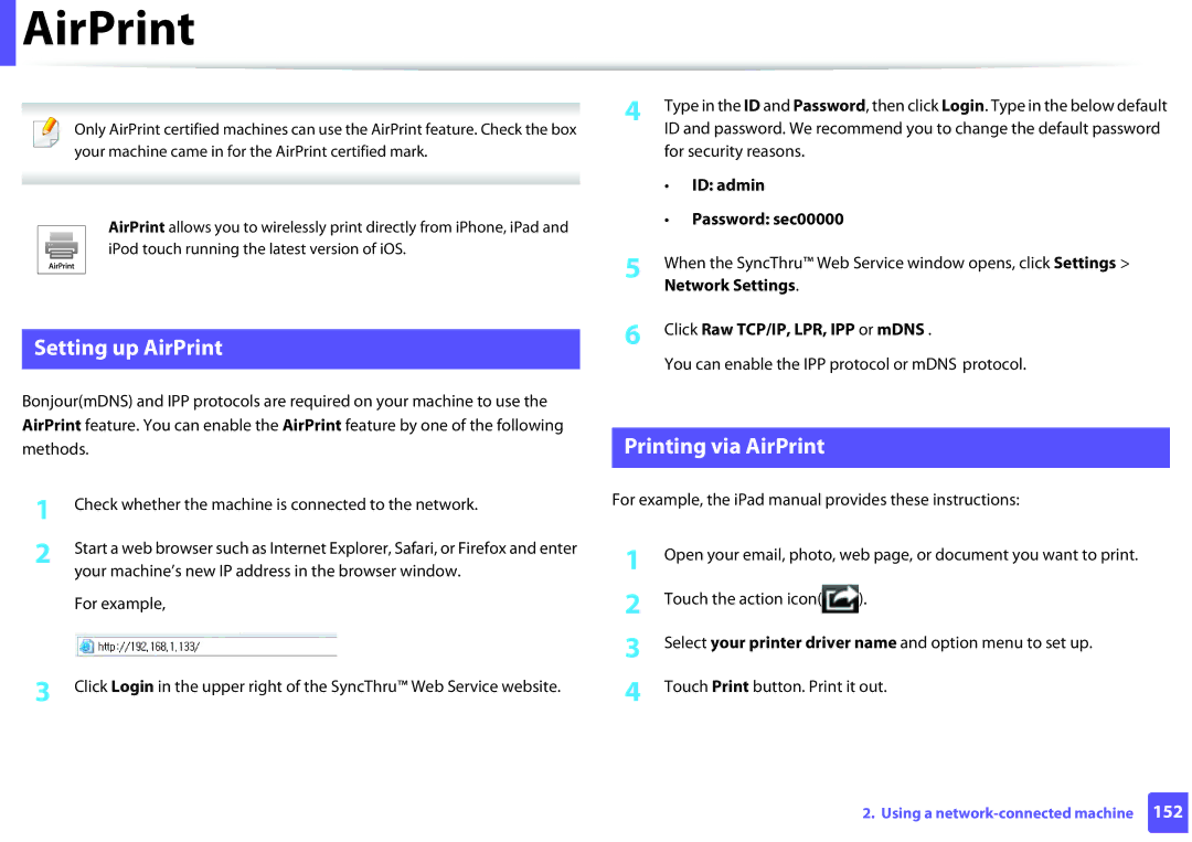 Samsung SLM2825DWXAA manual Setting up AirPrint, Printing via AirPrint, Click Raw TCP/IP, LPR, IPP or mDNS 