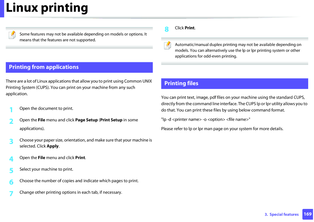 Samsung SLM2825DWXAA manual Linux printing, Printing from applications, Printing files 