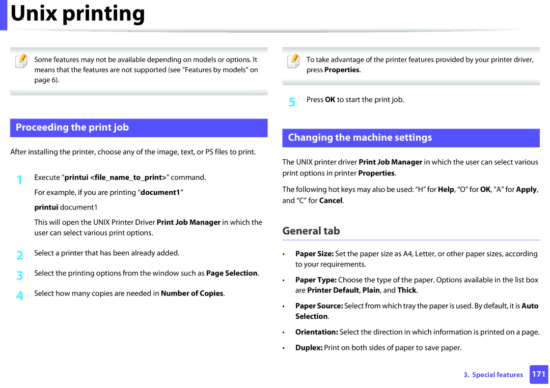 Samsung SLM2825DWXAA manual Unix printing, General tab, Proceeding the print job, Changing the machine settings 