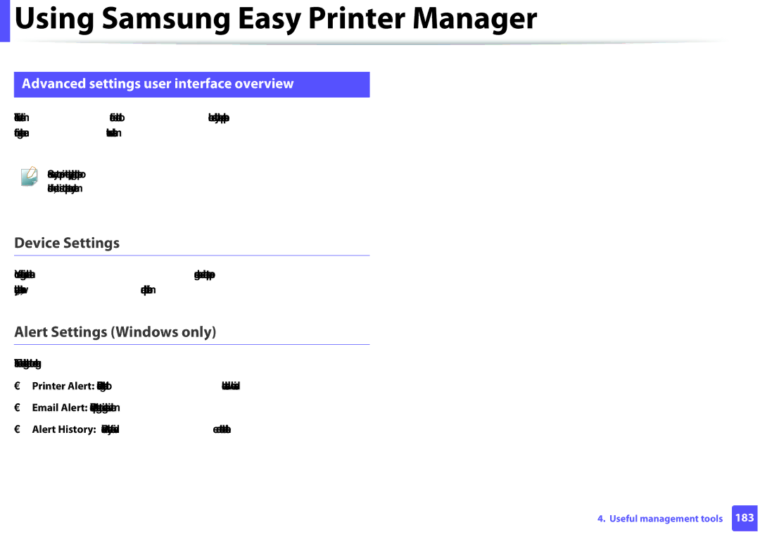 Samsung SLM2825DWXAA manual Device Settings, Alert Settings Windows only, Advanced settings user interface overview 