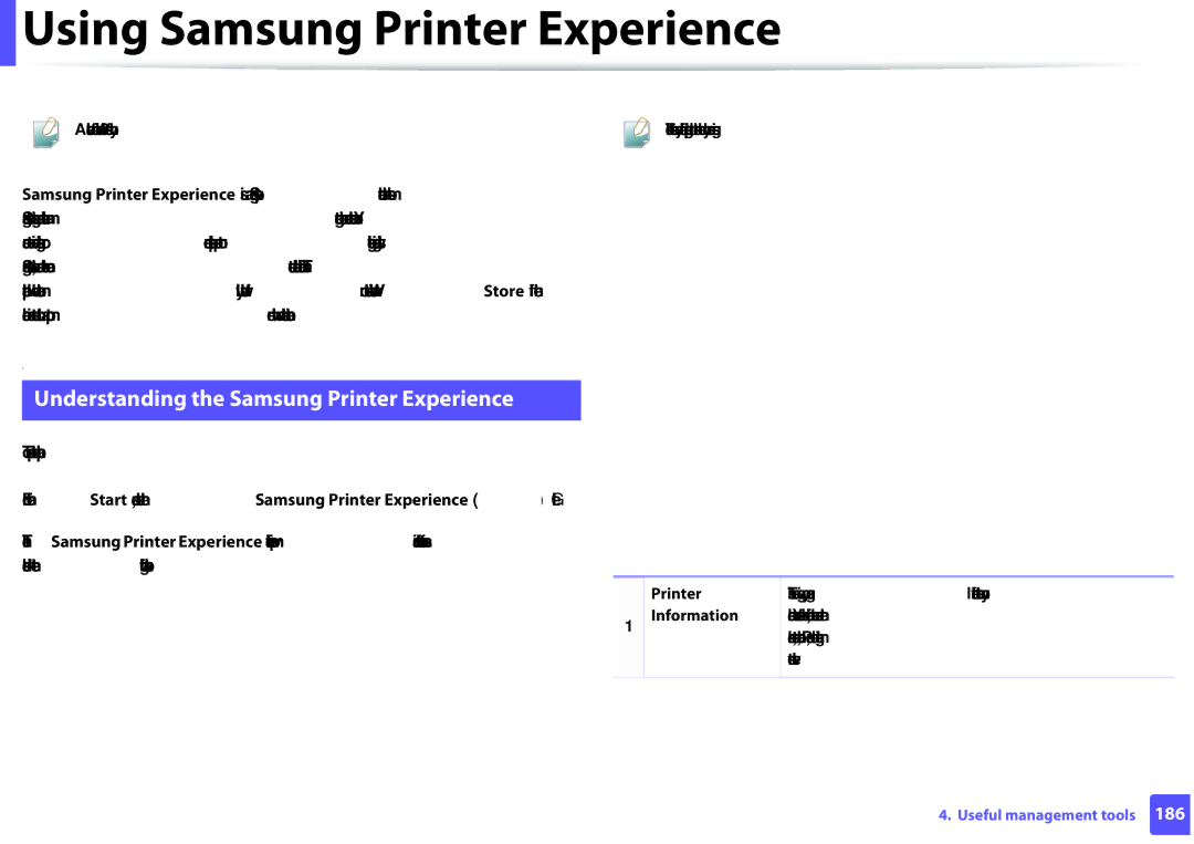 Samsung SLM2825DWXAA Using Samsung Printer Experience, Understanding the Samsung Printer Experience, Printer Information 