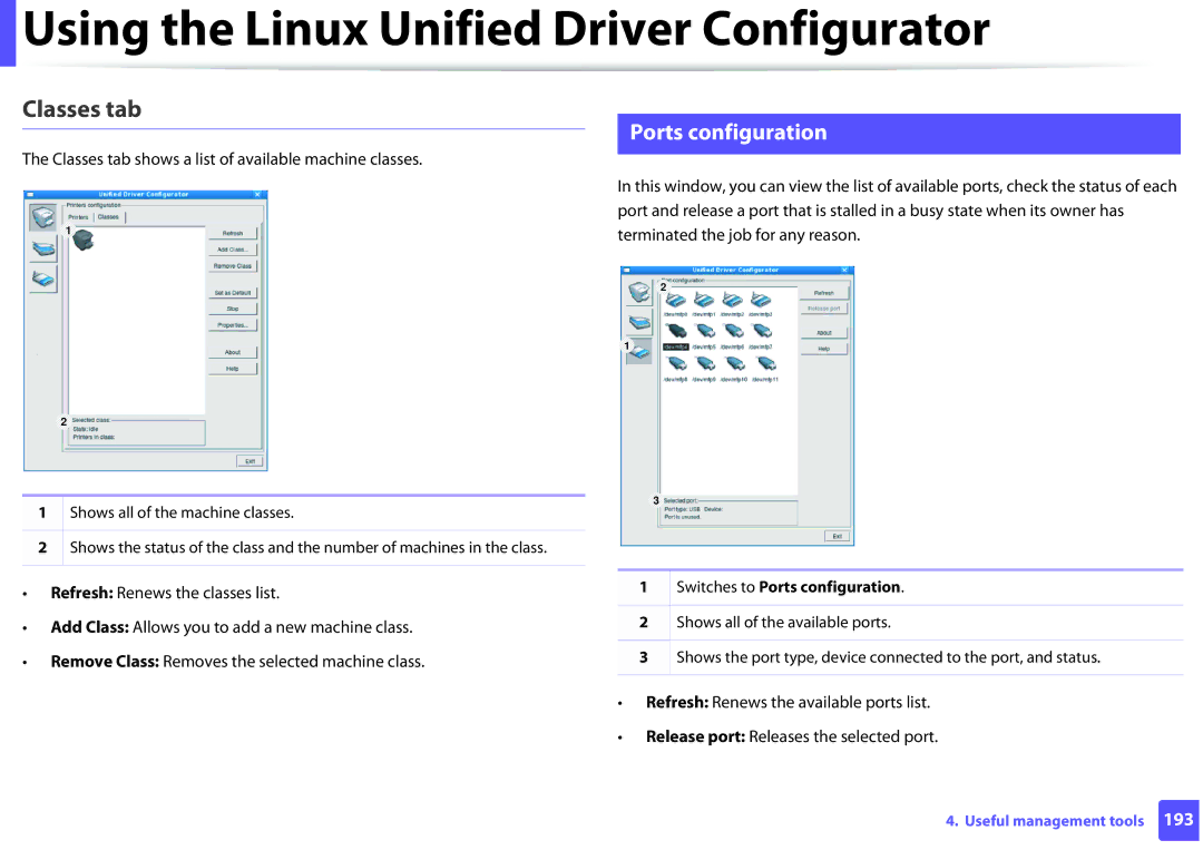 Samsung SLM2825DWXAA manual Ports configuration, Classes tab shows a list of available machine classes 