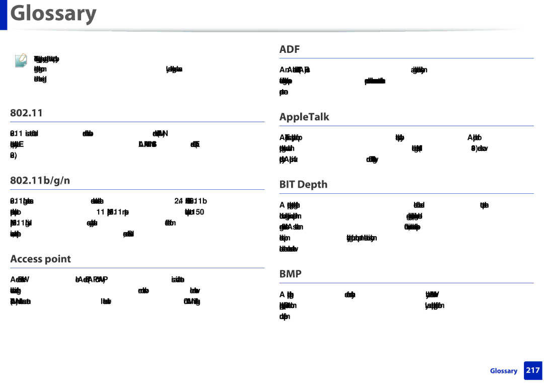 Samsung SLM2825DWXAA manual AppleTalk, 802.11b/g/n, Access point, BIT Depth 
