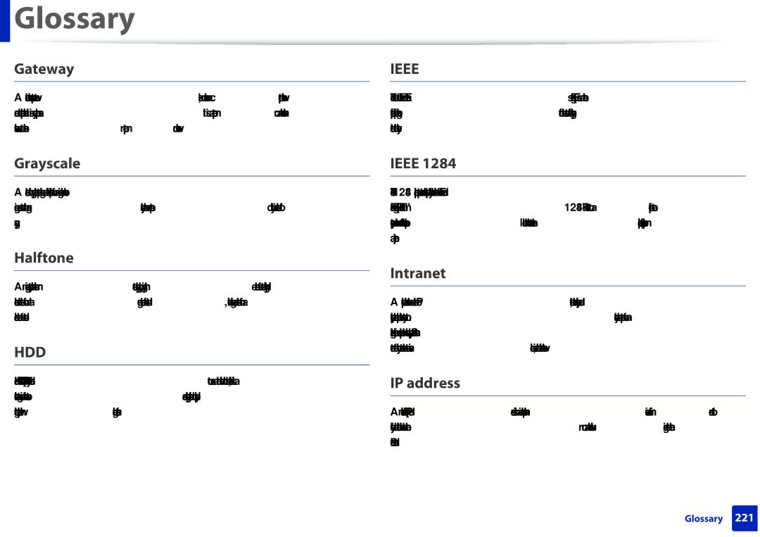 Samsung SLM2825DWXAA manual Gateway, Grayscale, Halftone, Ieee, Intranet, IP address 