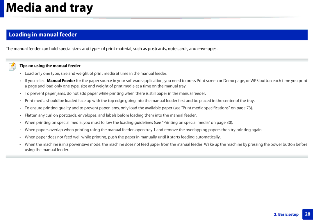 Samsung SLM2825DWXAA Loading in manual feeder, Tips on using the manual feeder 