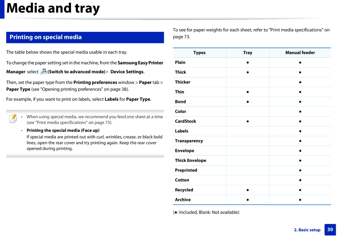 Samsung SLM2825DWXAA manual Printing on special media, Table below shows the special media usable in each tray 