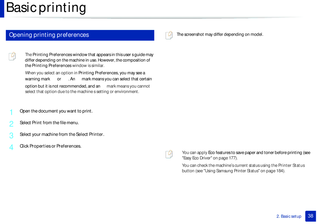 Samsung SLM2825DWXAA manual Opening printing preferences, Click Properties or Preferences 