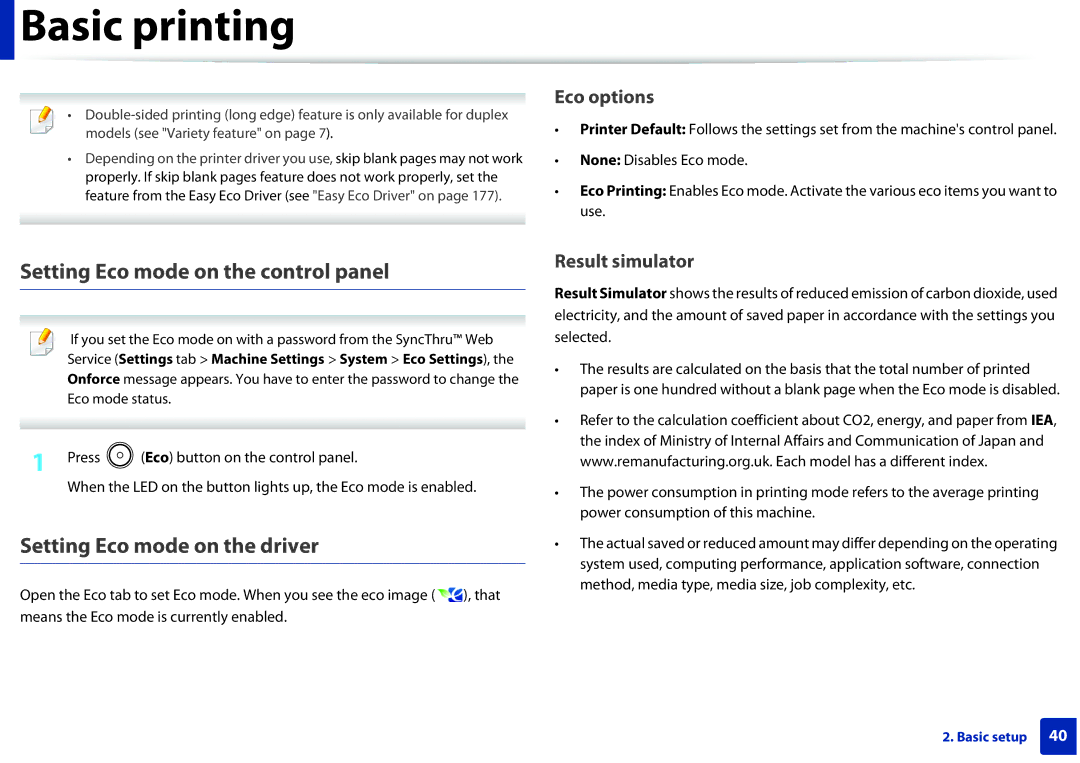 Samsung SLM2825DWXAA manual Setting Eco mode on the control panel, Setting Eco mode on the driver 