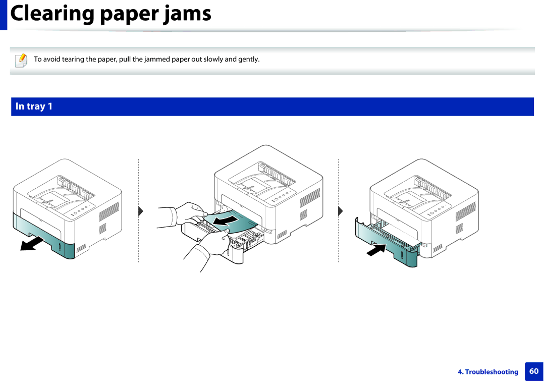 Samsung SLM2825DWXAA manual Clearing paper jams, Tray 