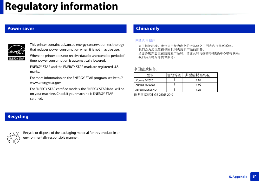 Samsung SLM2825DWXAA manual Power saver China only, Recycling 