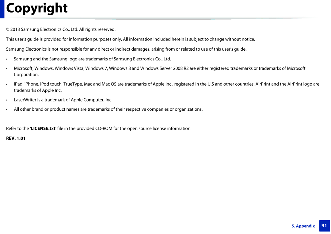 Samsung SLM2825DWXAA manual Copyright, Rev 