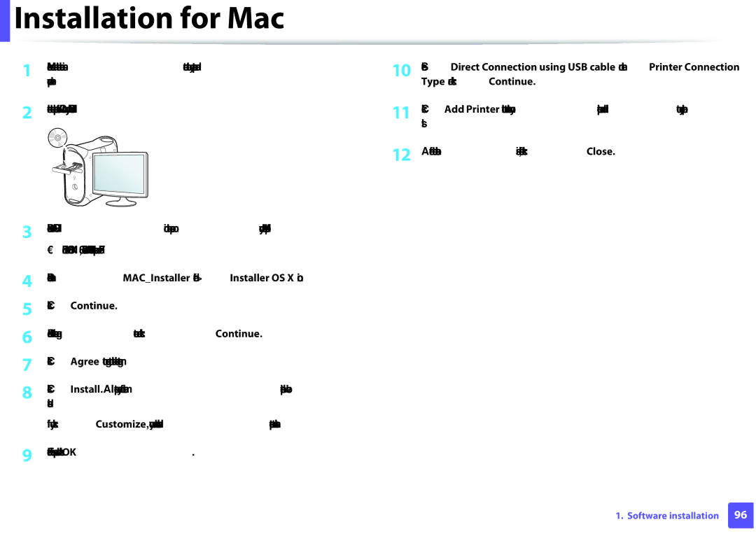 Samsung SLM2825DWXAA manual Installation for Mac, Type and click Continue, Click Continue 