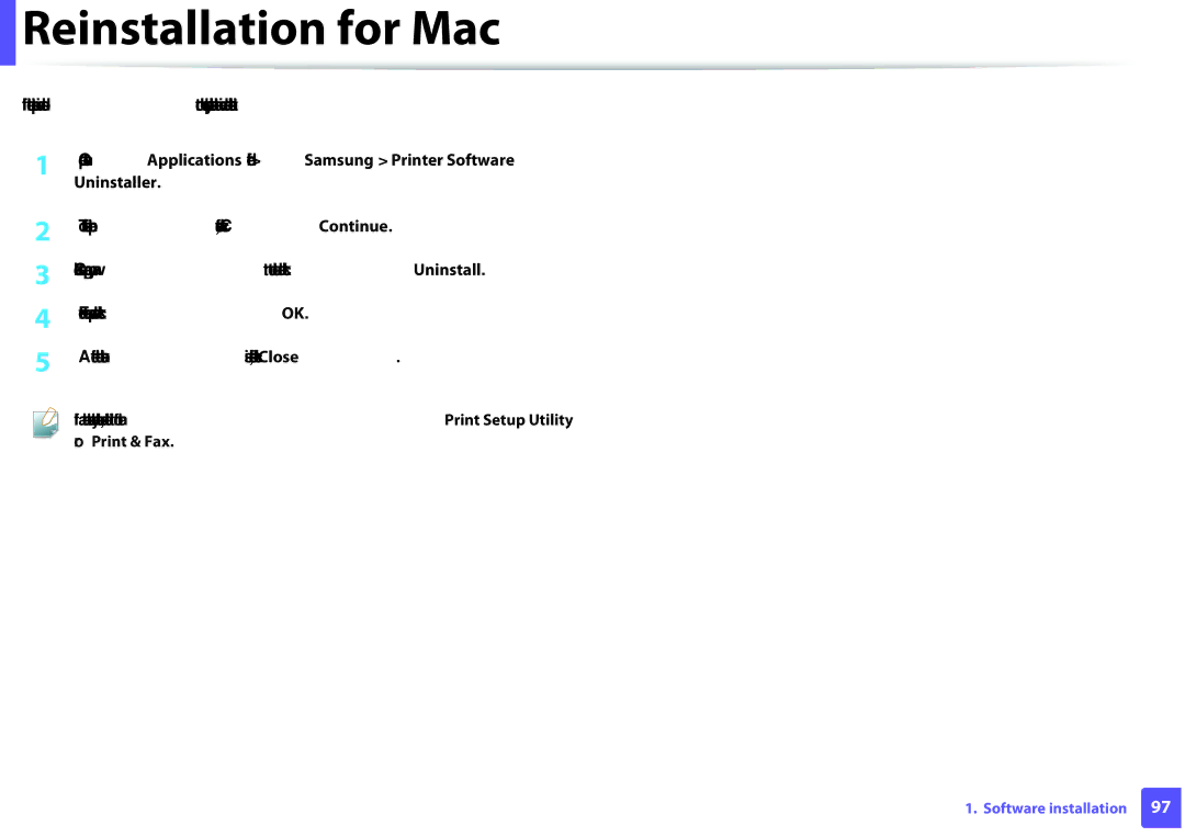 Samsung SLM2825DWXAA manual Reinstallation for Mac, Or Print & Fax 