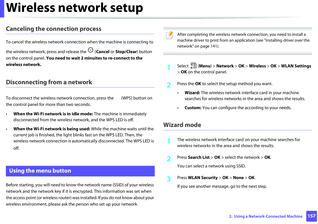 Samsung SLM2875FDXAA Canceling the connection process, Disconnecting from a network, Wizard mode, Using the menu button 