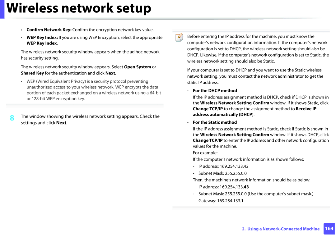 Samsung SLM2875FDXAA manual For the Dhcp method, For the Static method 