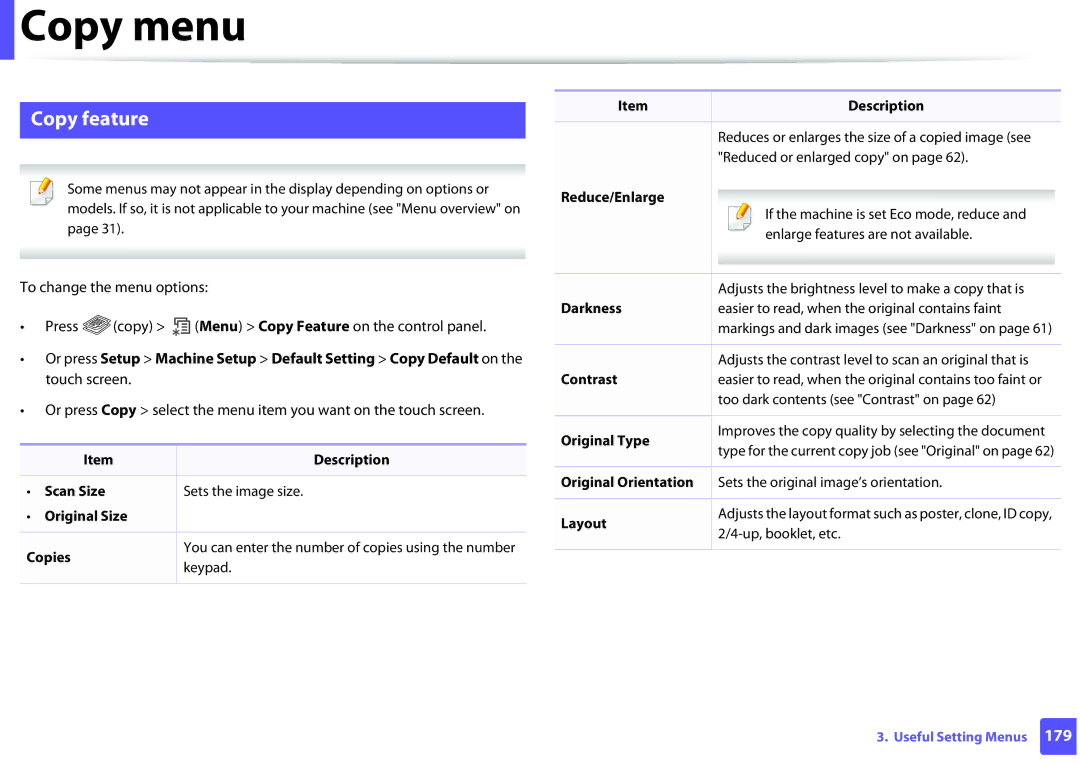 Samsung SLM2875FDXAA manual Copy menu, Copy feature, Scan Size Sets the image size Original Size Description 