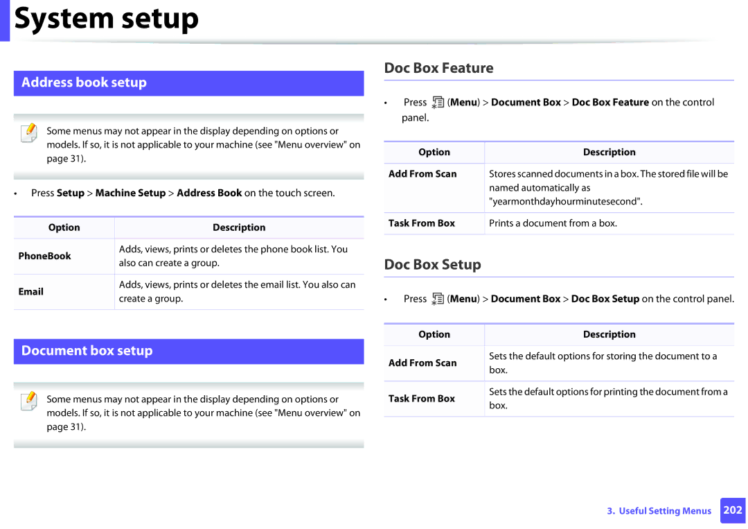 Samsung SLM2875FDXAA manual Doc Box Feature, Doc Box Setup, Address book setup, Document box setup 