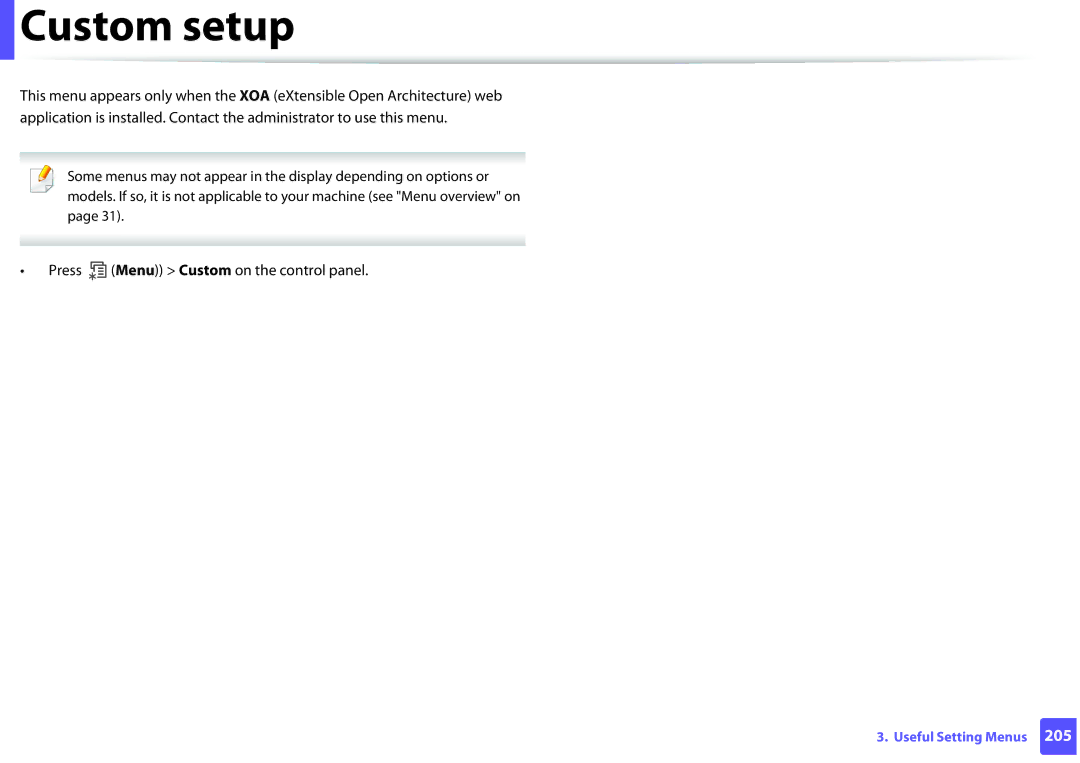 Samsung SLM2875FDXAA manual Custom setup, Press Menu Custom on the control panel 